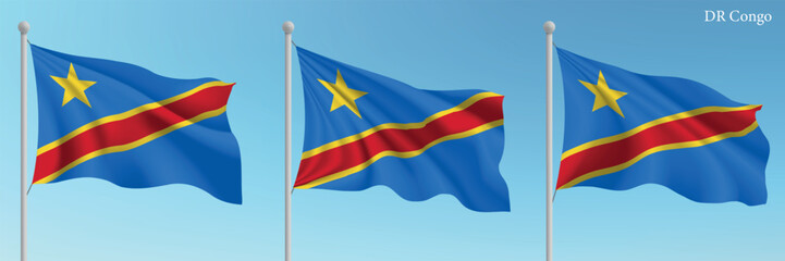 Set of three flags of DR Congo waving on flagpoles