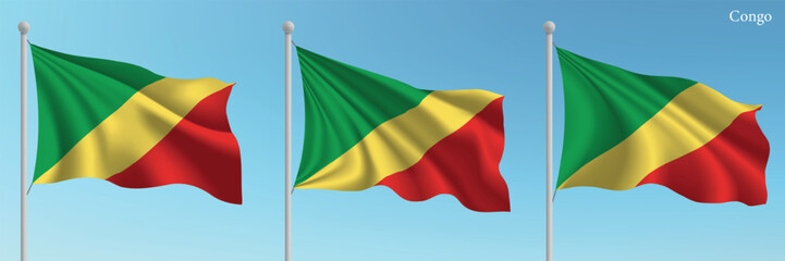 Set of three flags of Congo waving on flagpoles