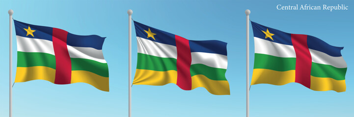 Set of three flags of Central African Republic waving on flagpoles