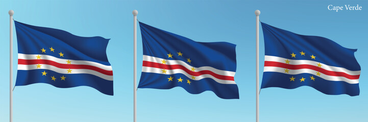 Set of three flags of Cape Verde waving on flagpoles