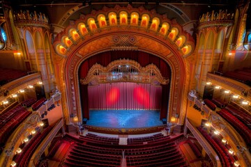 Obraz premium A grand theater with plush red seats, an illuminated stage, and ornate gold details. The scene shows an empty, elegantly designed auditorium with warm lighting and a dramatic curtain backdrop.