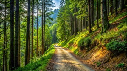 Fototapeta premium Mountain road through forest on tilted slope