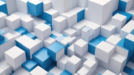 Bright white and blue 3D cubes with bold geometric shapes form a dynamic, eye-catching visual composition.