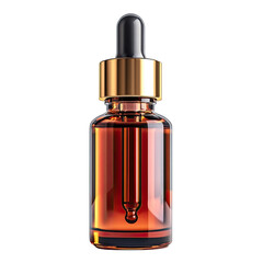 Naklejka premium Amber glass dropper bottle with gold lid, isolated on white background.