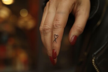 A delicate finger tattoo of a tiny infinity symbol. 