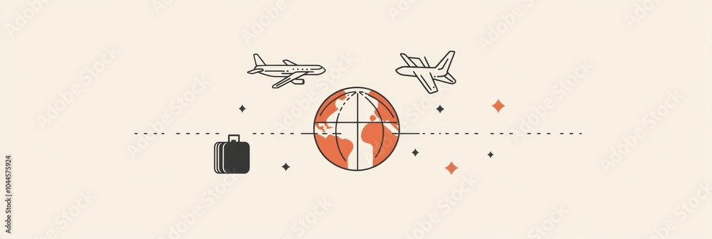 Poster an airplane soars above a globe while a suitcase sits nearby, capturing the essence of international