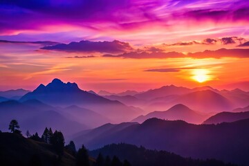mountain silhouette, sunset, purple sky, pink background