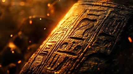 Close-up of Ancient Stone Carving with Golden Light