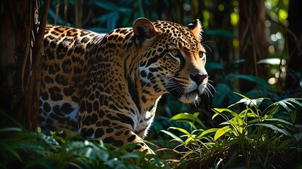 Obraz premium Jaguar, A Majestic Jaguar Stalking Through a Lush Jungle, Capturing the Essence of Wild Beauty