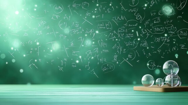 A captivating scene featuring glass spheres on a wooden surface against a chalkboard filled with scientific equations and symbols.