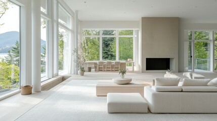 Fototapeta premium Minimalist residential architectural design with clean lines, neutral colors and large windows creates a calm and modern living space.