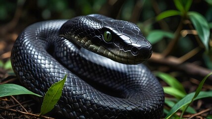 Obraz premium Black Snake, A Black Snake Coiled on the Forest Floor, Capturing the Essence of Wild Beauty and Mystery