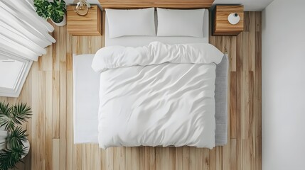 A top view of a minimalist Scandinavian bedroom with a simple bed, white bedding, and wooden decor