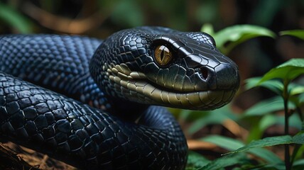 Fototapeta premium Black Snake, A Black Snake Coiled on the Forest Floor, Capturing the Essence of Wild Beauty and Mystery