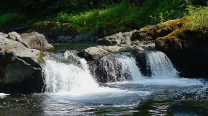 Fototapeta premium Salmon Swimming Upstream in a Serene River Scene