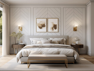 Fototapeta premium Living room interior in modern minimalist style with wooden panneling. Neutral and light colors interior with wood wall panels. Wood panneling walls. 