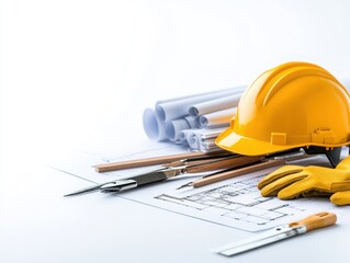 A construction helmet, gloves, and tools arranged on architectural blueprints for building projects.
