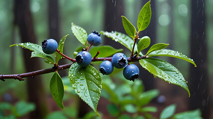 Close-up Blueberries are growing on a branch in a rainy forest views