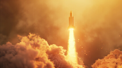 Rocket launching through vibrant clouds at sunrise, symbolizing space exploration and innovation