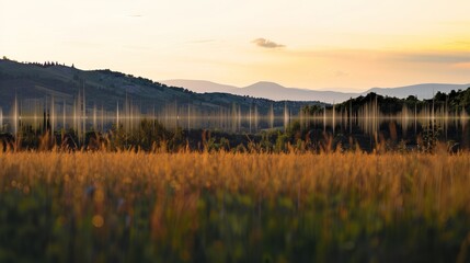 Fototapeta premium Sound waves radiating across a serene landscape, symbolizing the interconnectedness and harmony of natural and auditory elements.