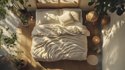 A top view of a cozy room with soft bedding, light wood accents, and natural light