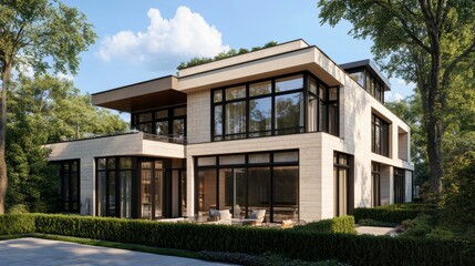 A modern residential building with beautiful design, large windows and a rooftop terrace, combining functionality with beauty.