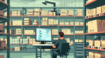 Obraz premium Warehouse supervisor monitoring automated systems in a high-tech storage facility with advanced robotics