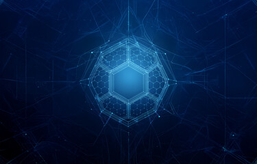 Obraz premium A glowing white geometric structure with a hexagonal center surrounded by intricate lines and a dark blue background.