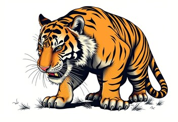 Obraz premium Majestic Bengal and Siberian Tiger Stalking - Full Body, Powerful Striped Predator Emblem for Wildlife, Jungle, and Big Cat Mascots