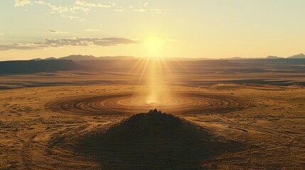 Sound waves radiating across a serene landscape, symbolizing the interconnectedness and harmony of natural and auditory elements.