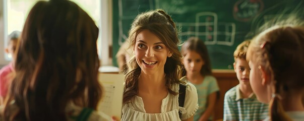 Teacher engaging with kids in a lively classroom setting.