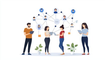 Obraz premium Networking concept, people connected by lines, flat design illustration ,clean background