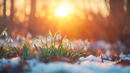 First snowdrops in the forest, spring nature background