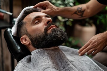 Obraz premium Barber grooming customer with towel and cape.