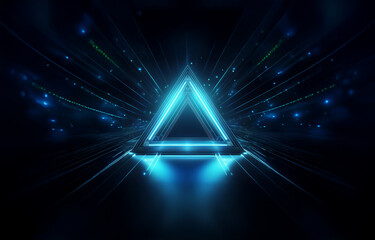 A glowing blue triangle sits in the center of a dark abstract background with streaks of light radiating out from it.