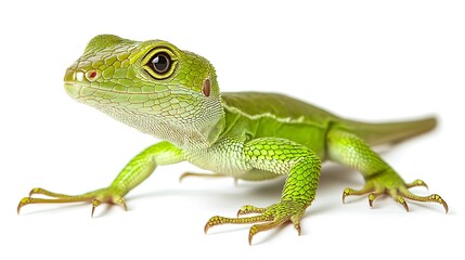 Fototapeta premium Emerald Green Lizard: A vibrant green lizard with striking black eyes, captured in a close-up shot showcasing its intricate scales and inquisitive gaze.