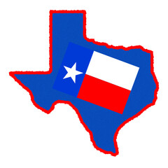 map of shape of Texas with superimposed Texas flag