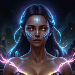 A woman with long dark hair and glowing blue markings on her face and body. Her eyes are glowing orange, and she is surrounded by faint blue and pink light.