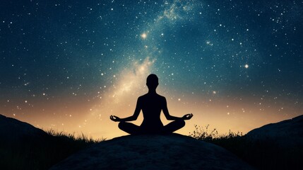 Silhouette beneath starry sky represents cosmic meditation and tranquil inner peace