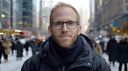 Obraz premium Man Wearing Glasses and Winter Coat in Busy City Street During Daytime