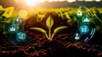 Futuristic AI-Powered Agriculture with A Young Sprout Grows Amidst Digital Farming Interfaces – Sustainable Agriculture, Eco-Friendly Innovation, and Technological Advancement in Farming