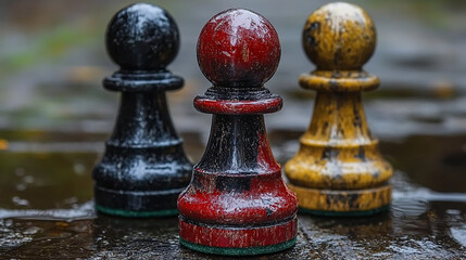 Three Weathered Chess Pawns on Wet Surface - Black, Red, and Yellow Game Pieces