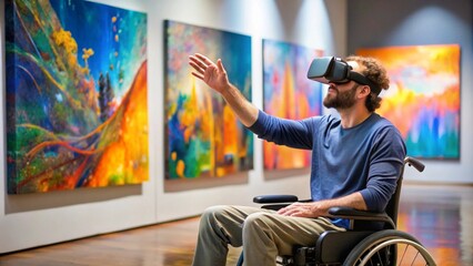 Portrait of man with disability using VR technology and interacting with invisible digital art...