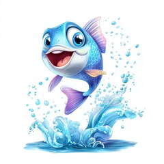 A cheerful cartoon fish jumping out of the water with splashes, perfect for children's themes.
