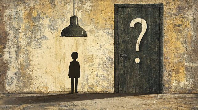 Mystery Silhouette Facing Question Mark Door - Conceptual Art on Weathered Wall - Powered by Adobe