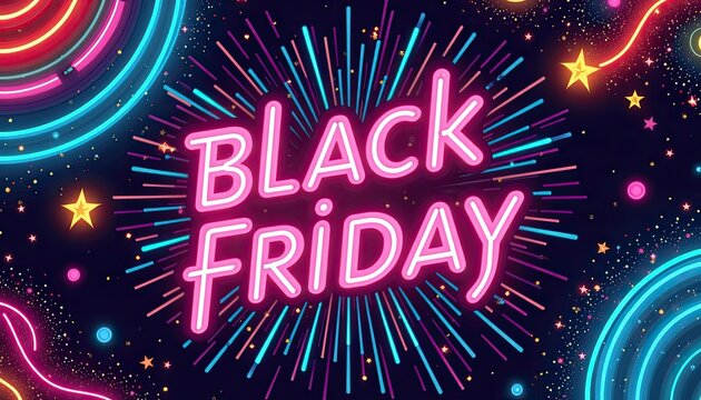 Psychedelic 70s-inspired theme with Black Friday neon light banner in swirling text.