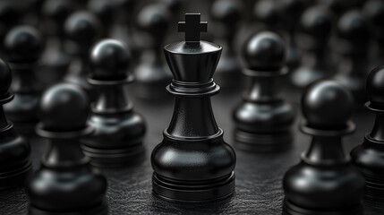 Black Chess King Surrounded by Pawns - Strategic Leadership and Power Concept