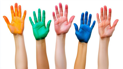 Colorful Painted Human Hands Raised Against White Background