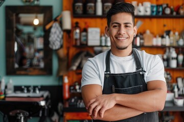 Fototapeta premium Latin American Barber Thrives in Own Business as Young Entrepreneur