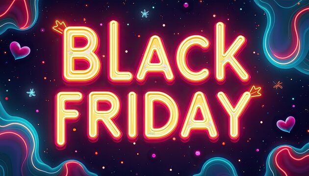 Psychedelic 70s-inspired theme with Black Friday neon light banner in swirling text.